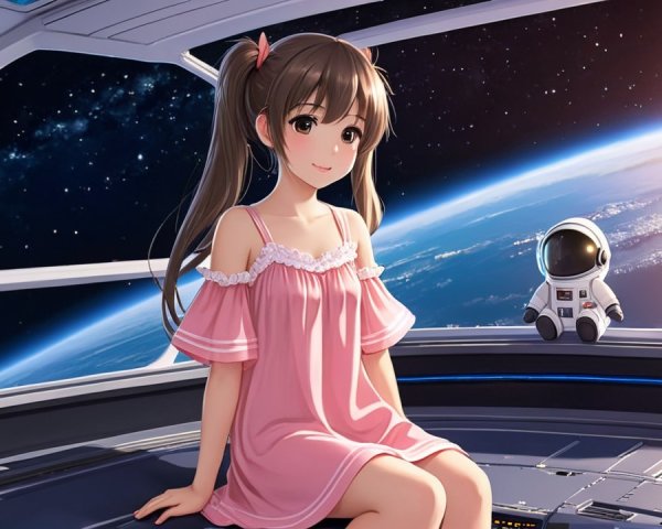 Young girl in a spaceship views Earth and galaxy