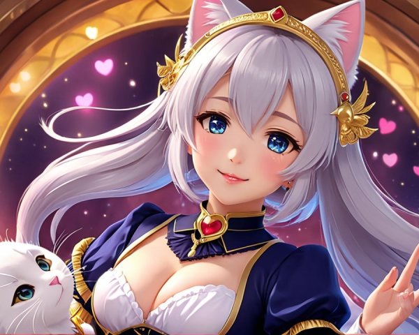 Anime Character with Silvery Hair and Cat Ears
