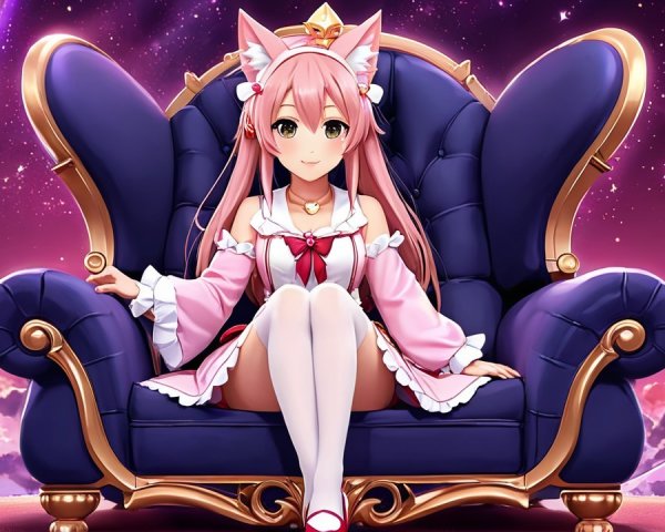 Anime girl with pink hair on a royal blue chair