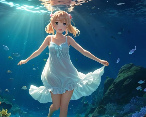 Anime girl swimming gracefully underwater with fish