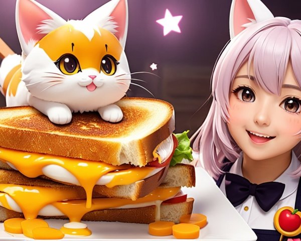 Cheerful character and cat beside a towering sandwich