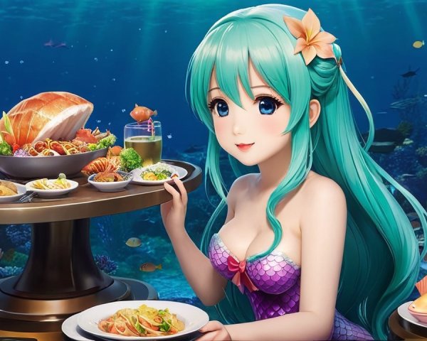 Underwater Scene with Mermaid and Seafood Table