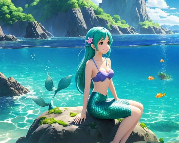 Cheerful mermaid by ocean in vibrant seascape