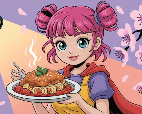 Anime-style illustration of a girl with pink hair and spaghetti