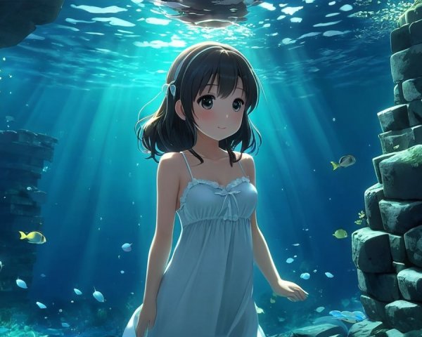 Underwater Scene with Girl in White Dress and Ruins