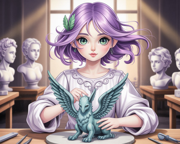 Anime-Style Artist Sculpting a Winged Creature in Studio