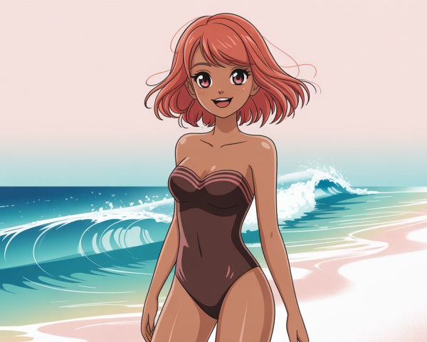 Anime Illustration of a Happy Girl at the Beach