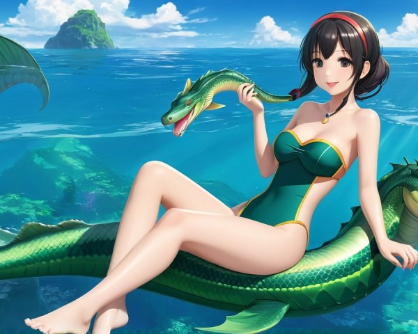 Young woman on green sea serpent in vibrant ocean scene