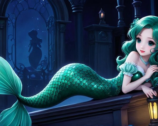 Mermaid on Ornate Ledge in Underwater Ruins