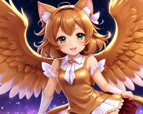 Cheerful anime character with cat features and wings