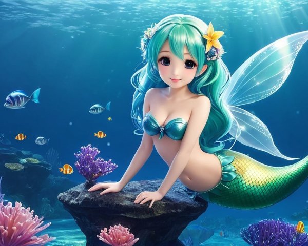 Whimsical Underwater Scene with a Mermaid and Coral