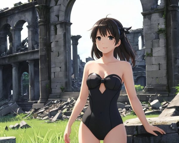 Young woman in swimsuit at ancient ruins with sunlight