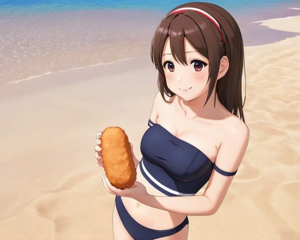 Cheerful Character on Sunny Beach with Food Item