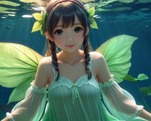 Underwater Scene with Fairy Figure and Green Wings