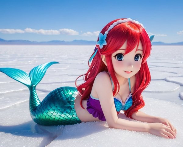Anime-style mermaid on a shimmering salt flat