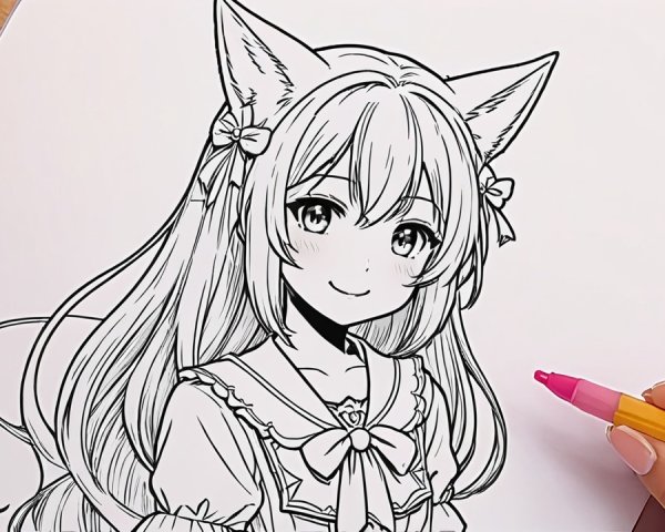 Line Art of Character with Cat Ears and Frilly Outfit
