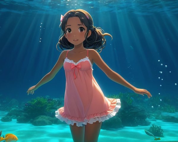 Young girl underwater in coral reef with soft pink dress