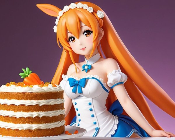 Cheerful Animated Character with Carrot Cake Display