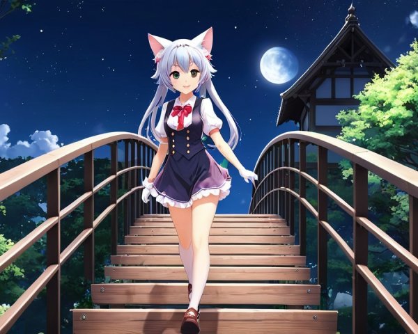 Young girl with cat ears walking on a moonlit bridge