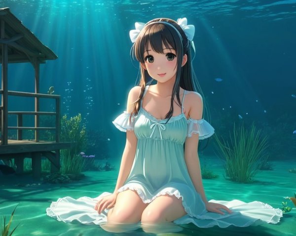 Underwater Scene with Girl in Flowing Dress