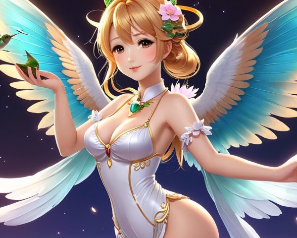 Fantasy Character with Iridescent Wings and Flowers