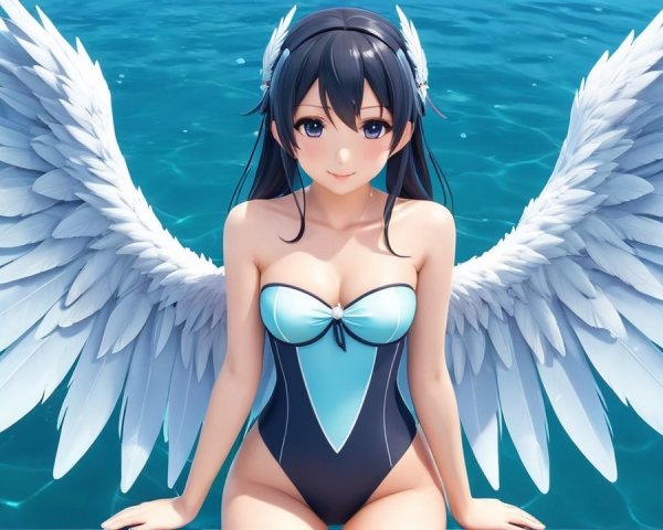Young woman with feathered wings by the ocean