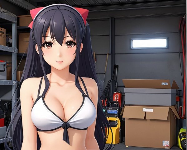 Stylized anime character in garage setting with tools