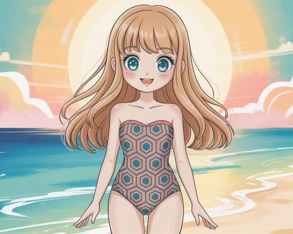 Anime Girl in Swimsuit at Beach with Sunset Background