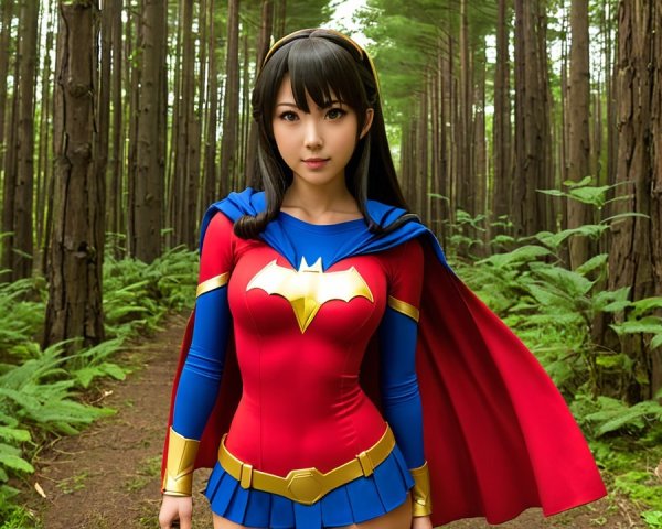 Young Woman in Superhero Costume in Forest Setting