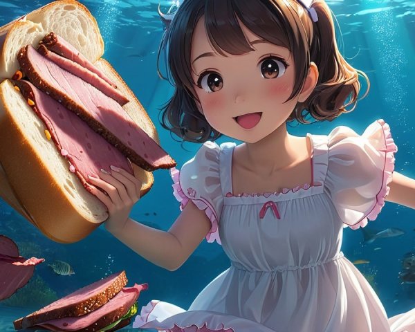 Cheerful girl underwater with sandwich and colorful fish