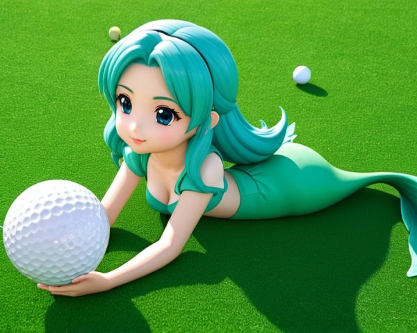 Cartoon Mermaid on Golf Course with Golf Ball and Flag