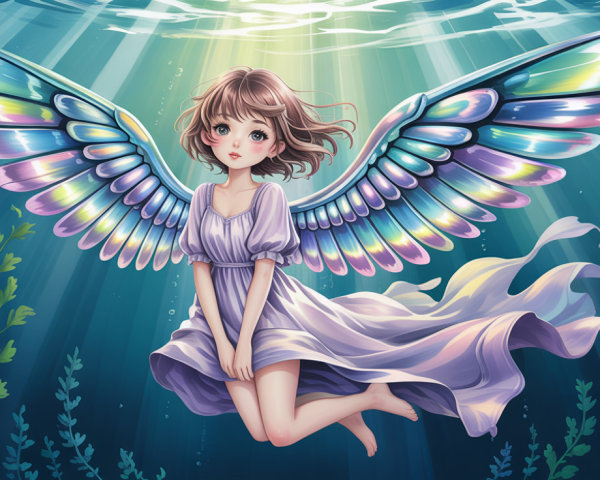 Anime Girl Underwater Surrounded by Colorful Wings
