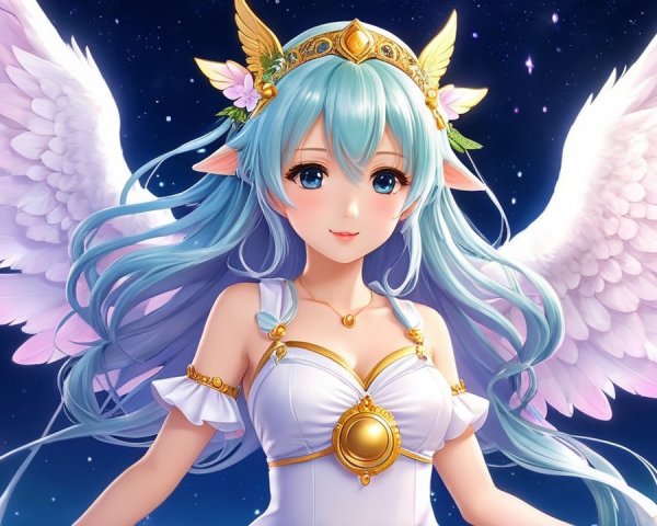 Celestial Figure in White Gown with Feathery Wings