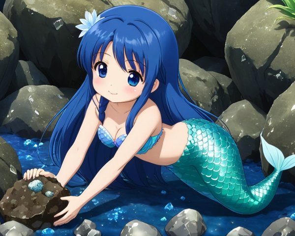 Mermaid on Rocky Shore with Vibrant Blue Hair