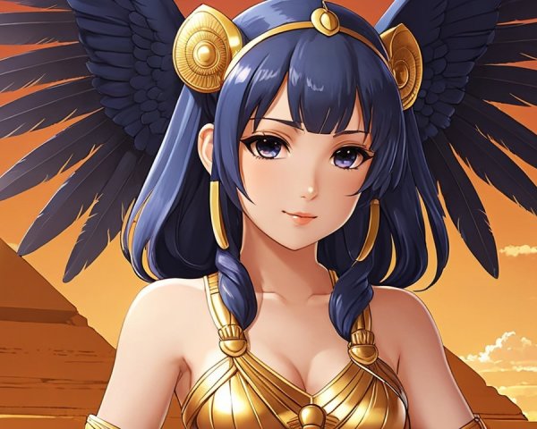 Female figure with wings in sunset backdrop