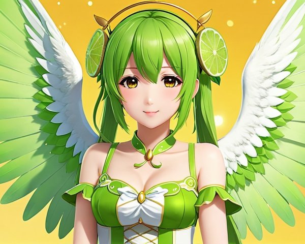 Vibrant Character with Green Hair and Feathered Wings