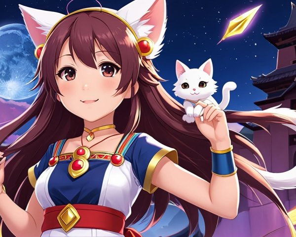 Cheerful anime character in a mystical night setting