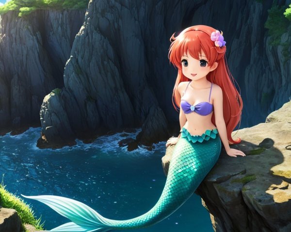 Cheerful Mermaid on Rocky Cliff by the Ocean