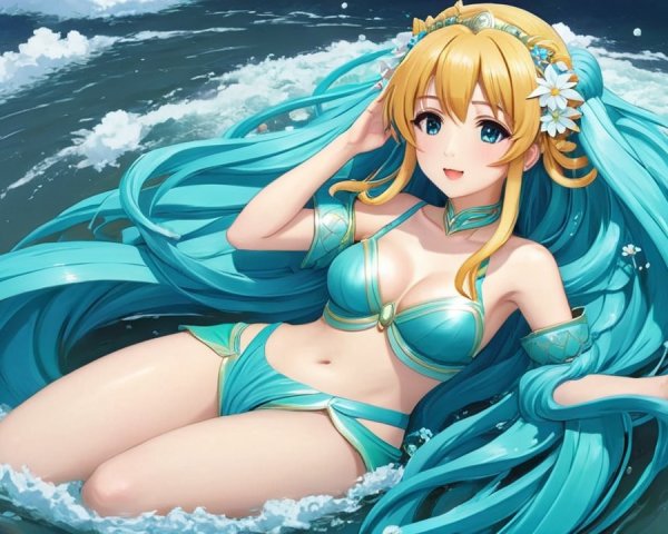 Character with Turquoise Hair in Serene Water Pool