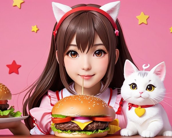 Young girl with burgers and cat in playful setting