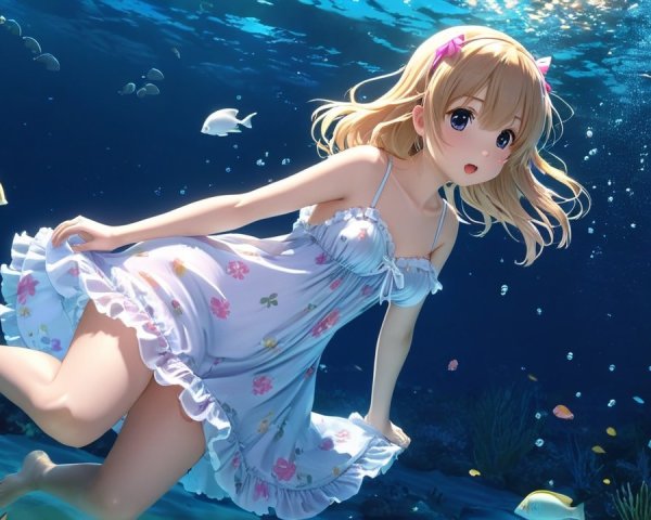 Young girl swimming underwater with colorful fish