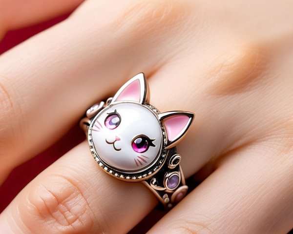 Whimsical Cat-Themed Ring with Gemstone Details