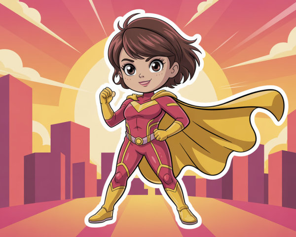 Cartoon Girl Superhero in Vibrant City Skyline Scene