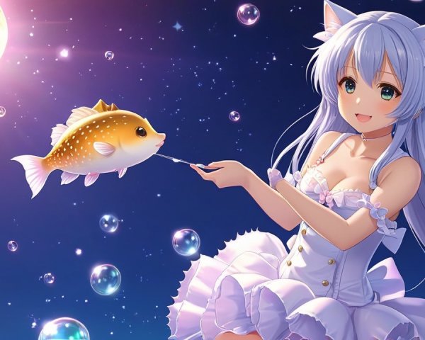 Whimsical girl with blue hair and cat ears fishing at night