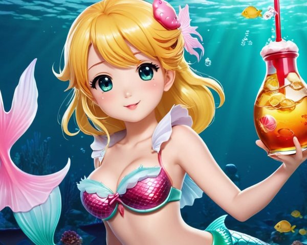 Cartoon Mermaid with Pink Bikini and Colorful Corals