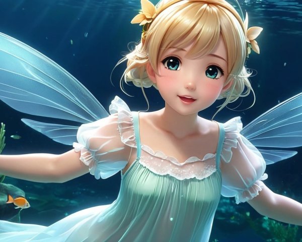 Whimsical Underwater Scene with a Joyful Fairy