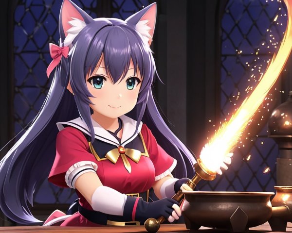 Young girl with cat ears cooking in a magical kitchen