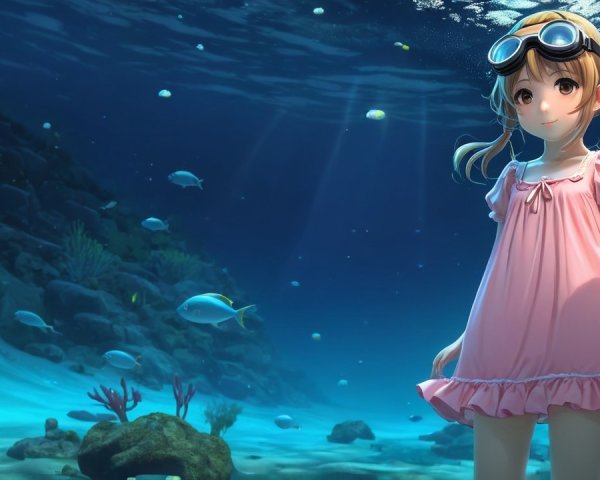 Underwater Scene of a Girl in Pink Dress and Goggles