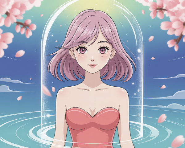 Anime Woman in Dome Surrounded by Cherry Blossoms