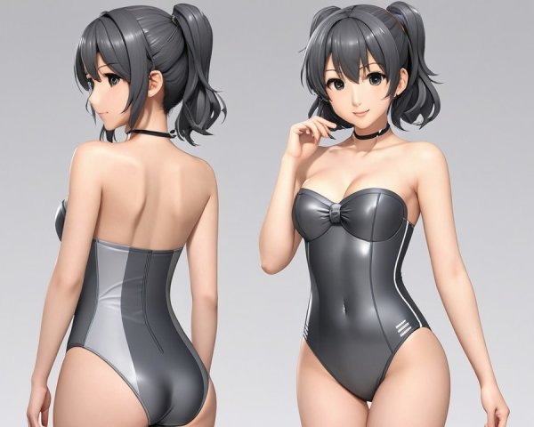 Stylized Female Character in Silver Strapless Swimsuit